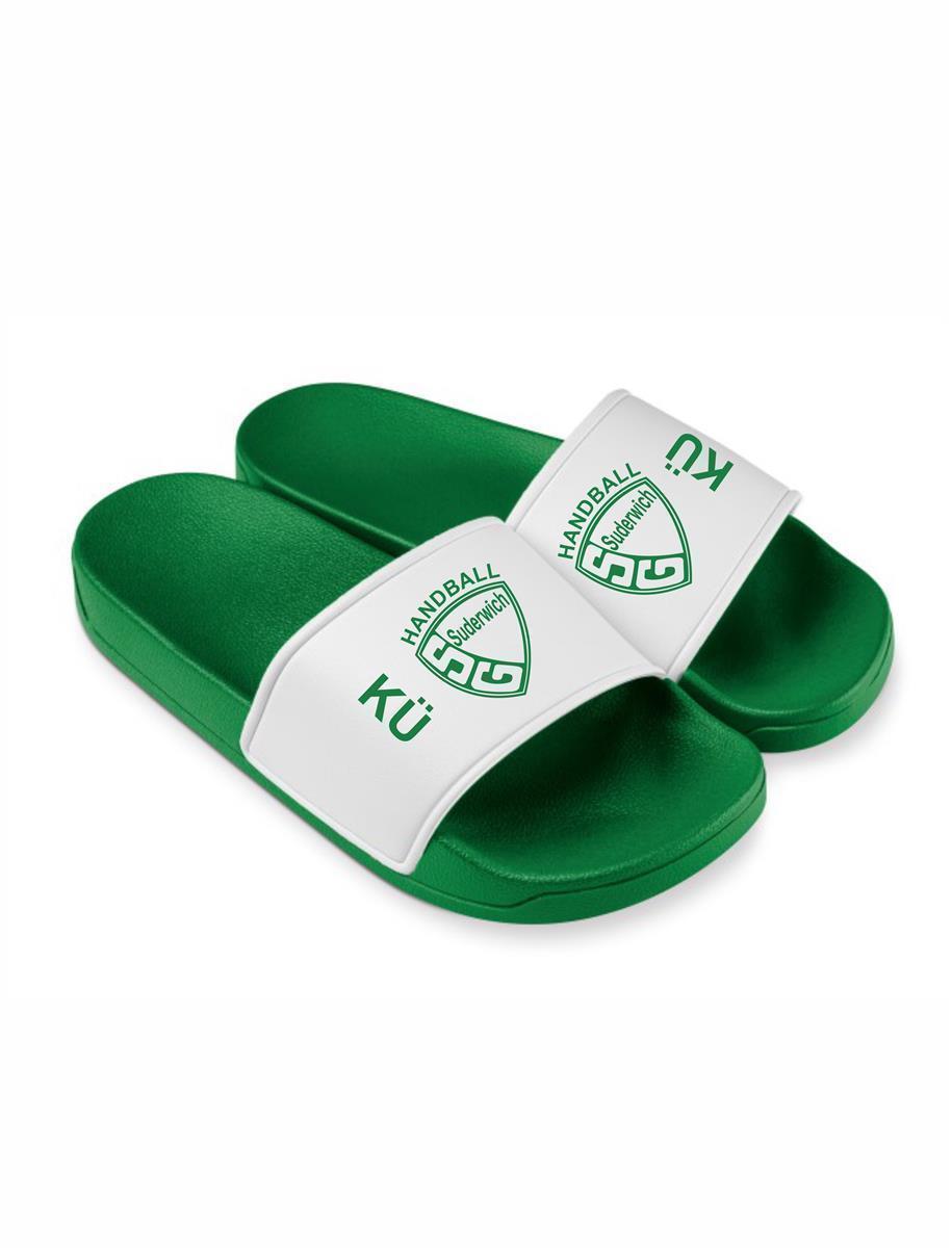 SG Suderwich Handball Badeschlappen grün mit weißer Lasche und Logodruck